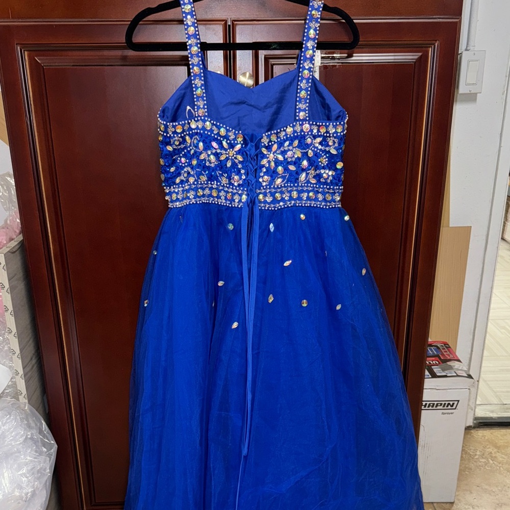 Elegant sleeveless rhinestone tulle Blue Kids Dress party dance wedding dress - Picture 6 of 9